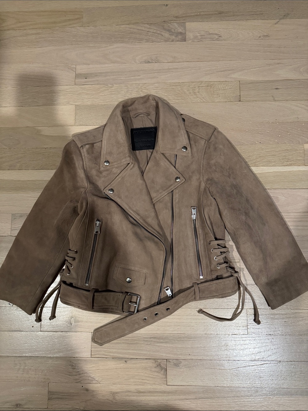All Saints Suede Moto Jacket in Taupe